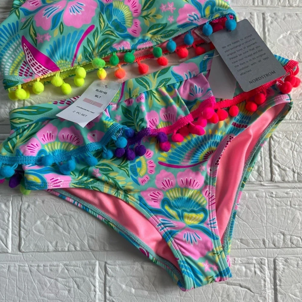 New Kids' Tropical Ruffle Pompom 2-Piece Bikini Set Beach Lingo Big Kid Size 10